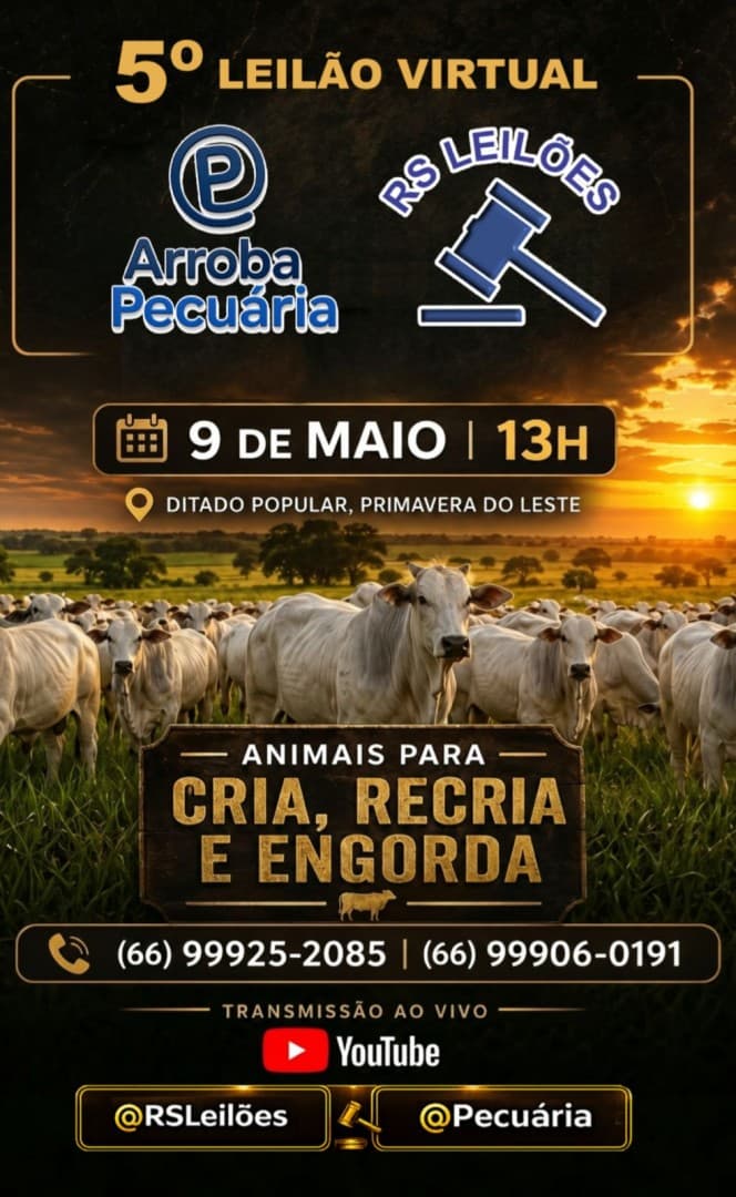 5º LEILÃO VIRTUAL CRIADORES DE PRIMAVERA DO LESTE E REGIÃO - ARROBA PECUARIA E RS LEILÕES